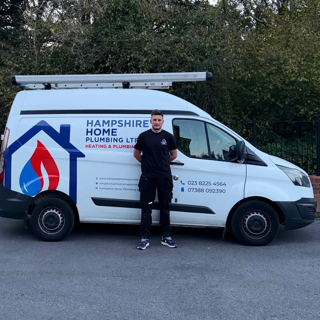 Jordan, owner of Hampshire Home Plumbing Ltd, with his branded van